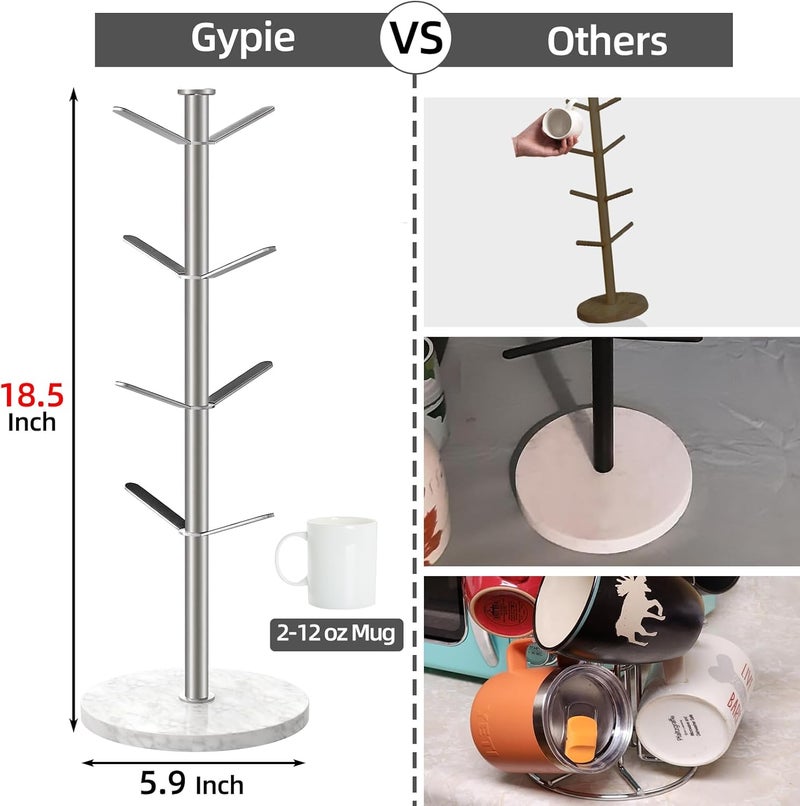 Gypie Marble Mug Holder Tree, 8 Hooks Brushed Nickel Coffee Cups Stand, New Upgraded Stable Mug Stand for Kitchen Counter Cabinet Cafe - Image 2